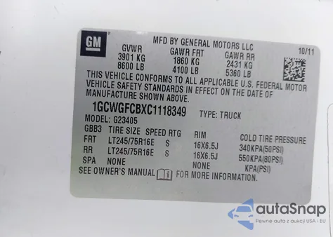 2012 Chevrolet Express 2500 Work Van z USA, uszkodzony, nr VIN 1GCWGFCBXC1118349